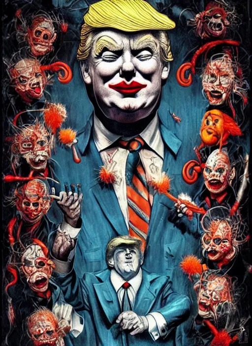 Image similar to donald trump sad clown, grotesque, horror, high details, intricate details, by vincent di fate, artgerm julie bell beeple, 80s, inking, vintage 80s print, screen print