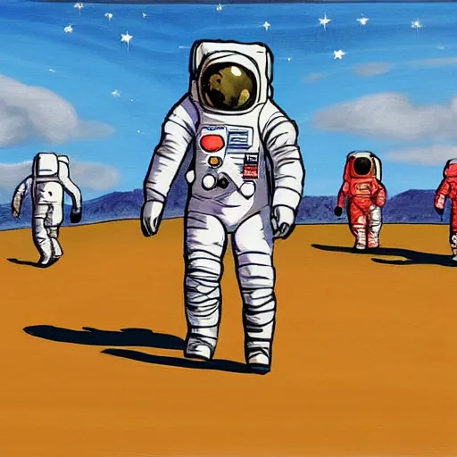 Image similar to astronauts walking on the moon with earth on the background, painting style of samdoesarts