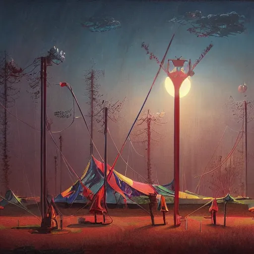 Image similar to A weird circus, by Simon Stålenhag, Makoto Shinkai and Bruce Pennington