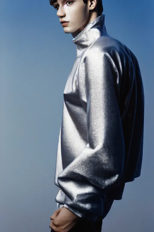 Image similar to un ultra high definition studio quality photographic art portrait of a young man standing on the rooftop of a british apartment building wearing soft padded silver pearlescent clothing. three point light. extremely detailed. golden ratio, ray tracing, volumetric light, shallow depth of field. set dressed.