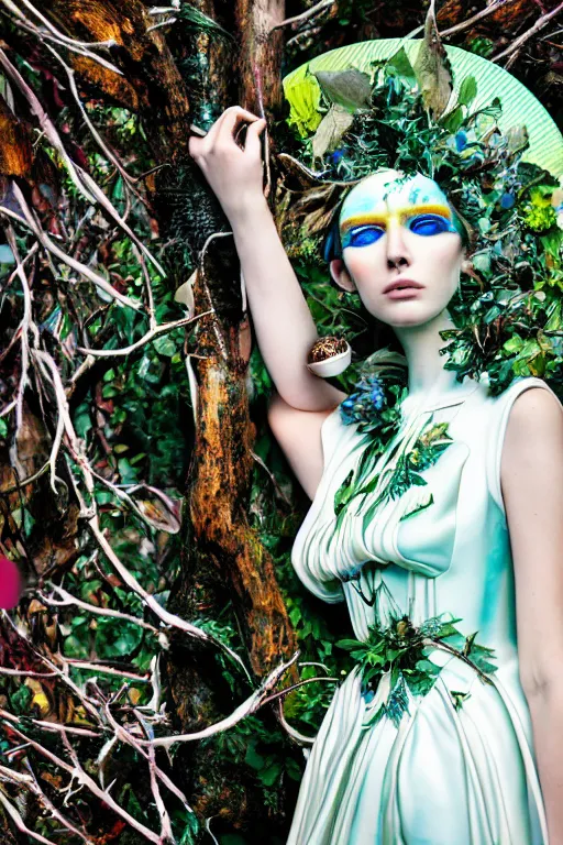 Prompt: A long shot anaglyph film still of a girl wearing solarpunk dress in porcelain and metal and lush branch featured in Vogue and GQ editorial fashion photography, beautiful eye, symmetry face, haute couture dressed by Givenchy and Salvatore Ferragamo, Canon EF 85mm f/1.4L IS USM