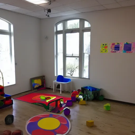 Image similar to childrens daycare indoors no windows limital space, not well lit, creepy photo