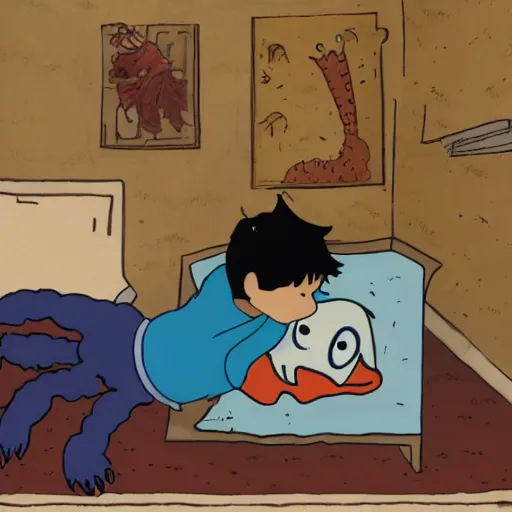 Image similar to a boy finds a small monster under his bed in the style of leo lionni