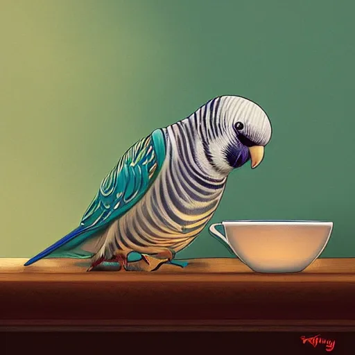 Prompt: fantasy painting of a budgie holsing a cup of tea, award winning, stylized, artstation, hd