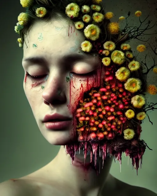 Image similar to a disturbing digital horror arthouse photograph of a beautiful crying woman with flowers and fungus growing out of her head and petals dripping from her eyes, intricate, sharp focus, cinematography, highly detailed, octane render, digital horror artwork, matte, photography by professional photographer