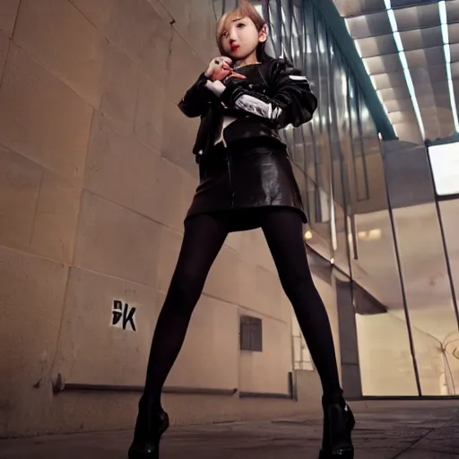 Image similar to a dynamic, epic cinematic 8K HD movie shot of a japanese young J-Pop idol girl wearing leather jacket, miniskirt, nylon tights and high heels boots. Motion, VFX, Inspirational arthouse