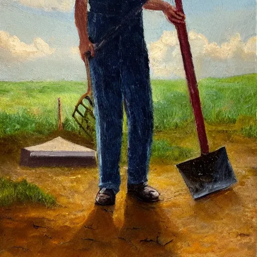 Image similar to A oil painting of a man with a shovel standing next to an open grave, subtle blue, orange, and dark green tones, high quality, high detail,