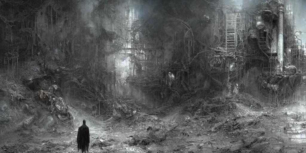 Prompt: lost and alone in an industrial wasteland by gustave dore and gustave moreau and beksinski and giger and craig mullins and jeremy mann