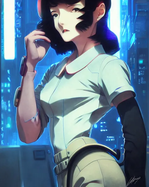 Image similar to portrait Anime 1940s Detective Neon cybernetic cute fine face, pretty face, realistic shaded Perfect face, fine details. Anime. cyberpunk realistic shaded lighting by katsuhiro otomo ghost-in-the-shell, magali villeneuve, artgerm, rutkowski Jeremy Lipkin and Giuseppe Dangelico Pino and Michael Garmash and Rob Rey