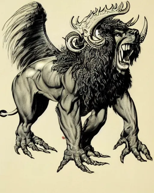 Prompt: a creature with the body and eyes of a man, with the beak of an eagle, the mane of a lion, and the horns of an ox. drawn by frank frazetta