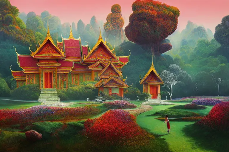 Image similar to summer morning, thai temple, rolling mountain, very coherent and colorful high contrast, art by gediminas pranckevicius, by wes anderson, dark shadows, hard lighting