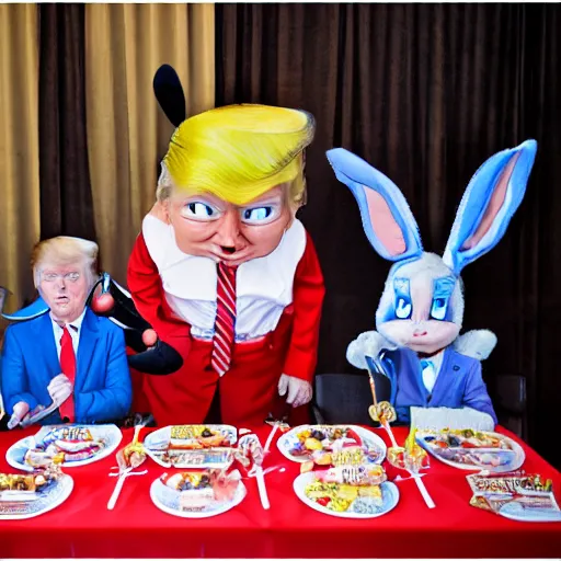 Image similar to professional photography Donald Trump cosplay as Bugs Bunny spying on children at a birthday party, high quality, good lighting, masterpiece, beautiful beautiful beautiful beautiful beautiful