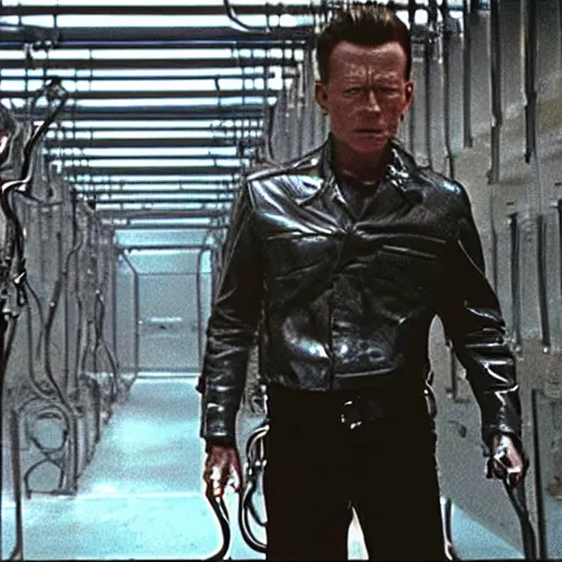 Prompt: film still of t - 1 0 0 0 passing through iron bars in terminator 2