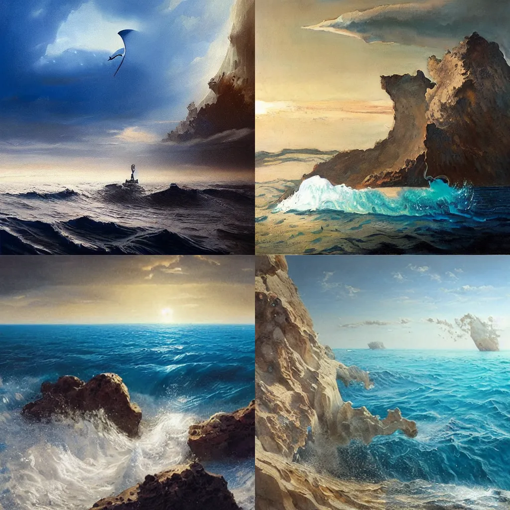 Prompt: blue sky leaking into an ocean, 4 k, award - winning, painting by salvador dali, by greg rutkowski
