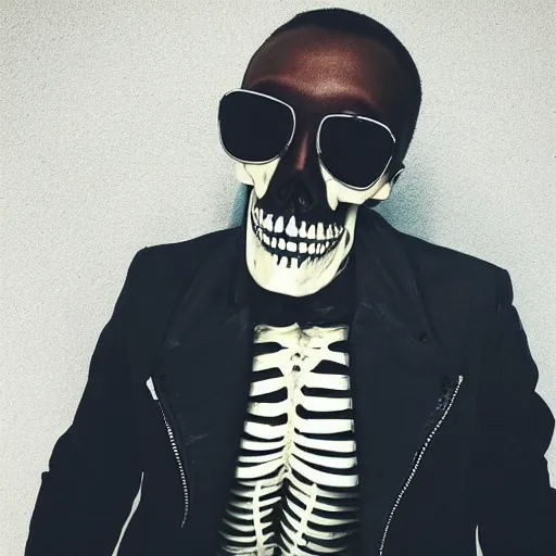 Prompt: a badass skeleton with sunglasses and in a black jacket