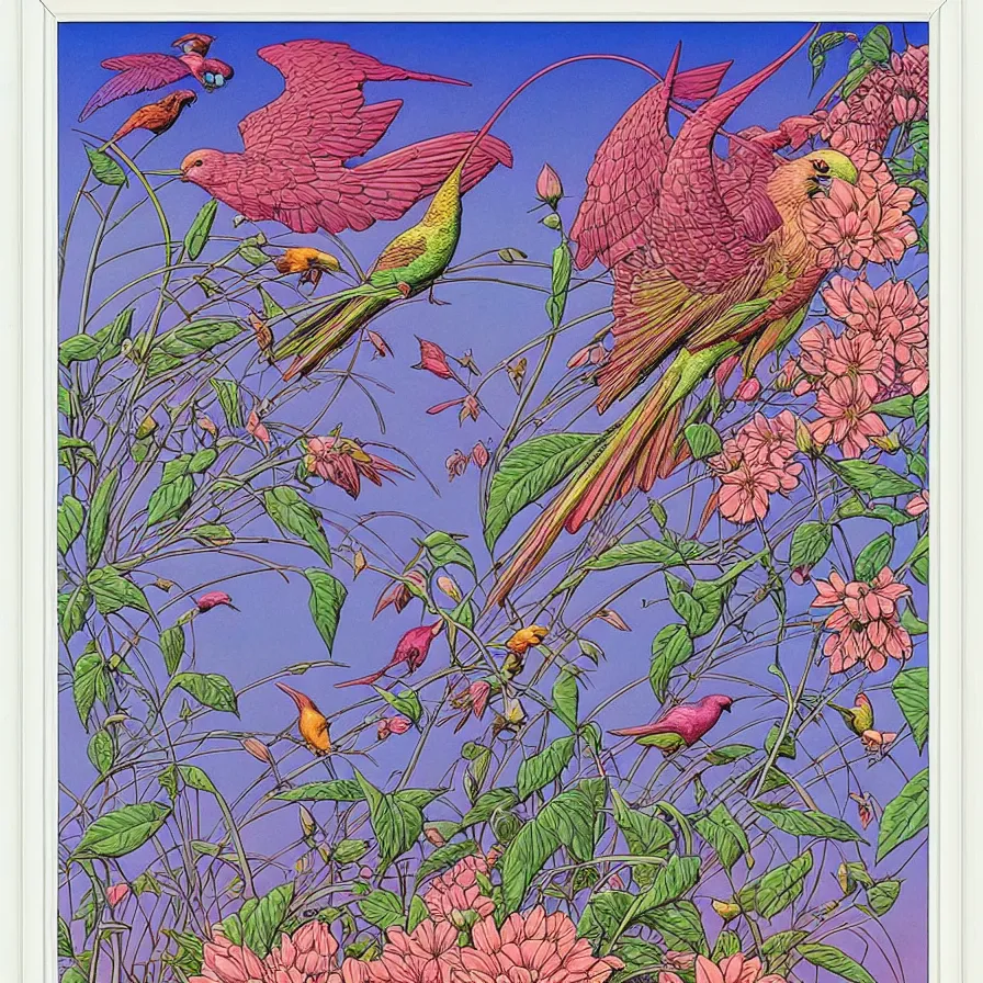 Prompt: ( ( ( ( beautiful flowers and birds, with decorative frame design ) ) ) ) by mœbius!!!!!!!!!!!!!!!!!!!!!!!!!!!, overdetailed art, colorful, artistic record jacket design