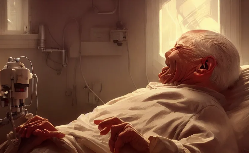 Image similar to old man on a death bed close to a breathing machine, intricate, portrait, highly detailed, digital painting, artstation, concept art, smooth, sharp focus, illustration, cinematic lighting, art by artgerm and greg rutkowski and alphonse mucha