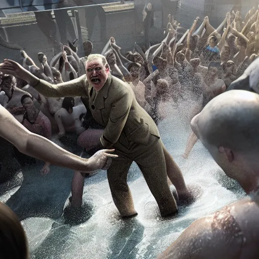 Image similar to hitler in a mosh pit at a water park, volumetric cinematic perfect light, detailed, sony a 7 r, photorealistic, octane render, unreal engine 5, trending on artstation, 8 k