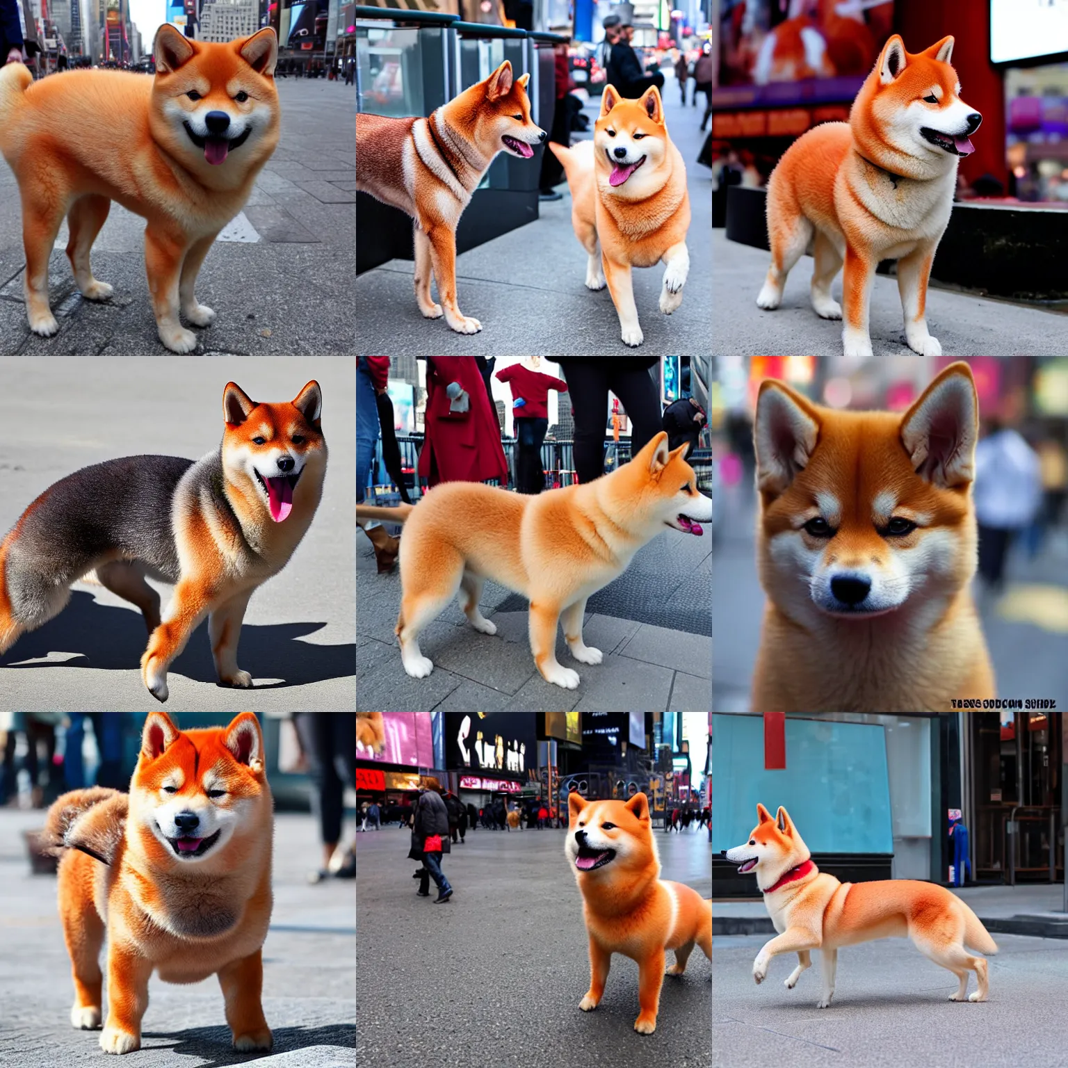 Prompt: A red sesame coat shiba inu the size of sky scrape walking through times square