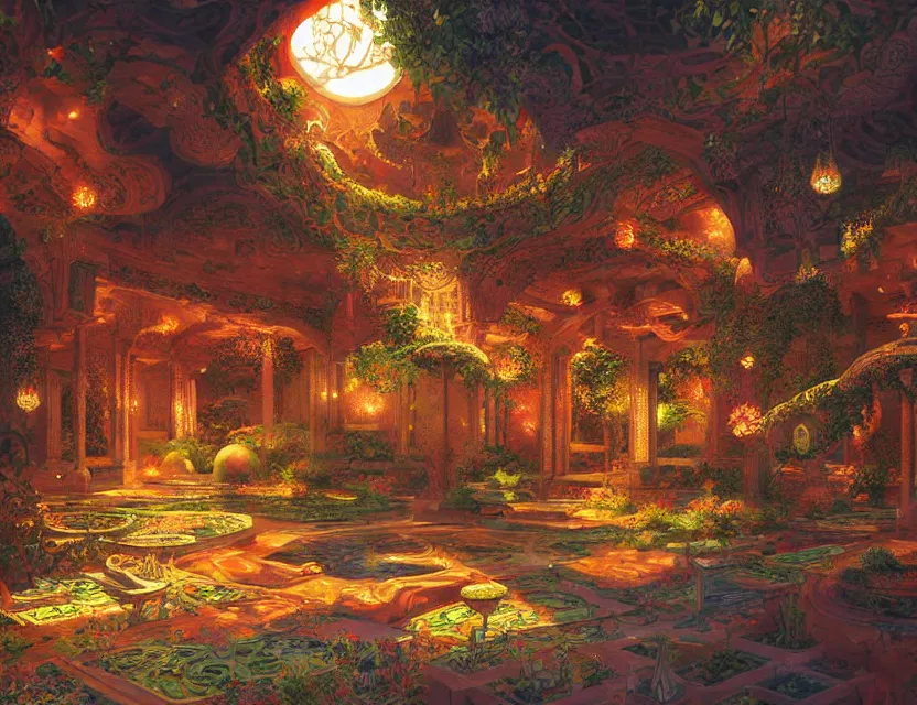 Prompt: persian garden in a galactic fortress. this oil painting by the award - winning mangaka has dramatic lighting, an interesting color scheme and intricate details.