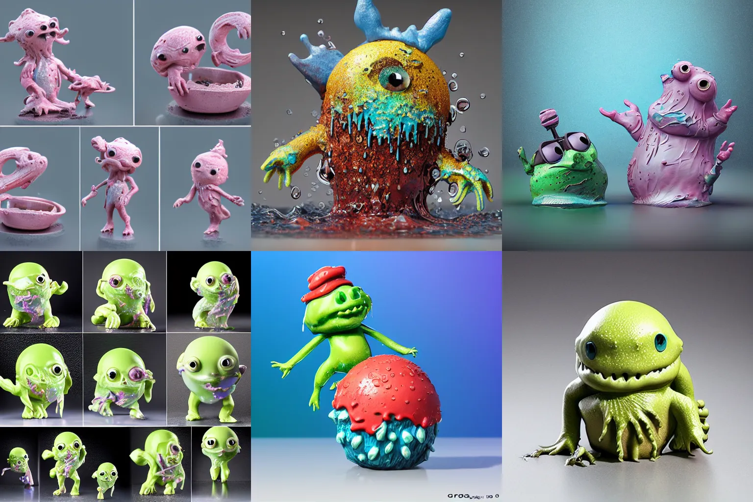 Prompt: splashy melted ebay product, drops, drips, beautiful cute, cute melting miniature resine action figure, High detail photography, 8K, 3d fractals, cute pictoplasma, one simple ceramic tintoy melting plastic, melting, melting swampmonster Figure sculpture, 3d primitives, in a Studio hollow, by pixar, cgsociety, simulation