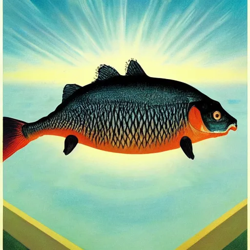 Image similar to symetrical reflective hyperrealistic space rectangle carp estuary poltergeist papaya , by Edward Hopper and Georgia O'Keeffe and Peter Gric , Marvel Comics , seapunk , movie poster