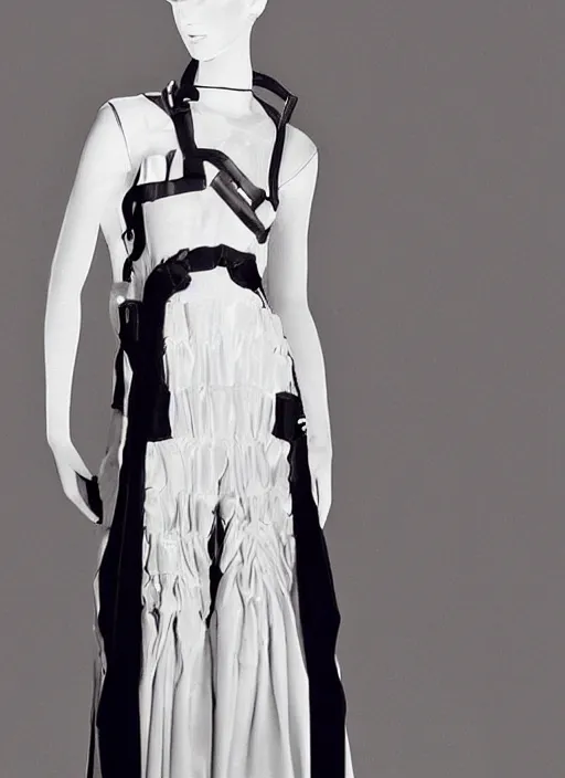 Prompt: an early 0 0's digital portrait of a beautiful girl detailed features wearing a wedding dress with a puffy skirt utility - chic trend. lots of zippers, pockets, synthetic materials, jumpsuits. by balenciaga and issey miyake by ichiro tanida and mitsuo katsui