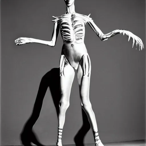 Prompt: alien with telescopic limbs dressed in glam clothing, photo by cindy sherman