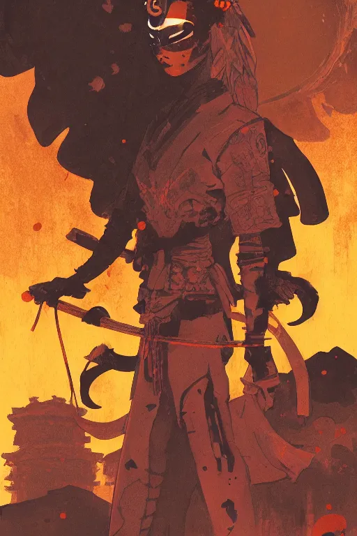 Image similar to interzone orange grey secret society, samurai girl at the crumbling temple by ashley wood and mike mignola and mike ploog and katuya terada and moebius, artstation, 4 k detailed post processing, footage