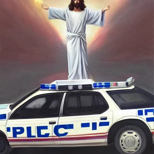 Image similar to hyperrealism painting of jesus christ standing on top of a police car in a police chase