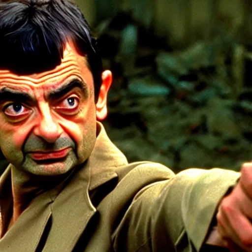 Image similar to mr. bean as rambo. movie still. cinematic lighting.