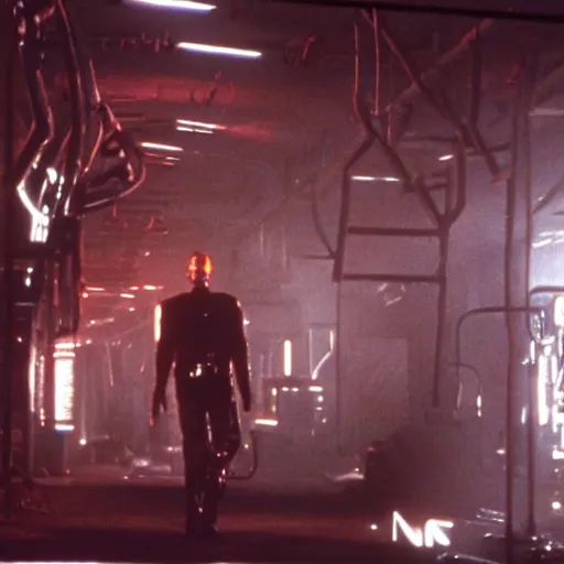 Image similar to Terminator film scene, atmospheric light, terminator factory, 1980s cinematography, still from the film - 640