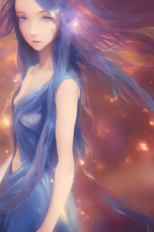 Image similar to 4k centered detailed portrait of a beautiful intimate woman with long blue cosmic hair and a beautiful blue dress, by Greg Rutkowski and ross tran. Anime, volumetric lighting