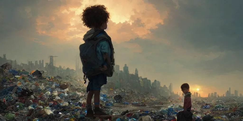 Image similar to poor detailed child with backpack standing at cars looking for food at garbage dump, destroyed cars, city is pure wasteland, moody sunset in background, greg rutkowski, alphonse mucha, trending on artstation, artgerm, unreal engine, breathtaking, award winning, highly detailed