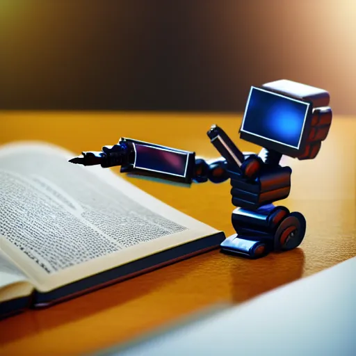 Prompt: photorealistic robot studying using a pen on a book, school chair and table, close shot, cinematic, ultra - detailed, 8 k,