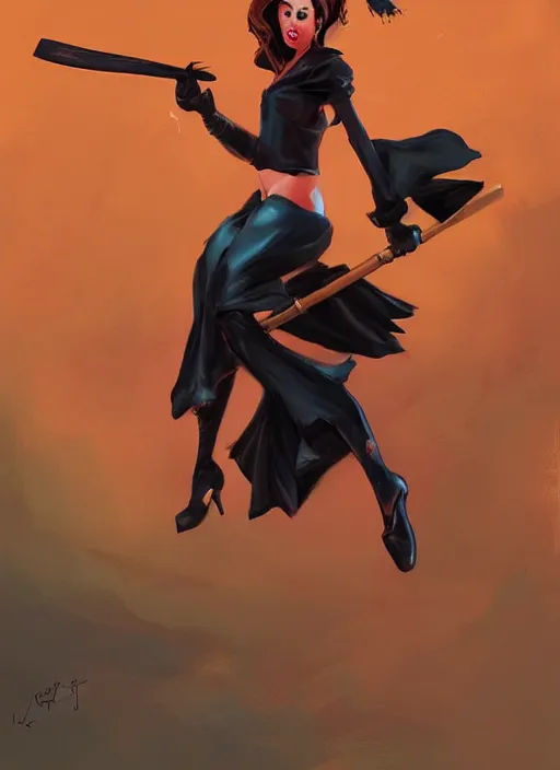 Prompt: pinup of a witch riding a broomstick, by Jeff Simpson and Simon Bisley