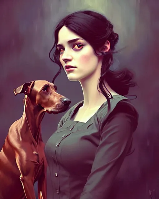 Image similar to stylized portrait by aykutmakut of an artistic pose, composition, young victorian sad fancy lady, surrounded by greyhounds, cinematic moody colors, realistic shaded, fine details, realistic shaded lighting poster by ilya kuvshinov, magali villeneuve, artgerm, jeremy lipkin and michael garmash and rob rey