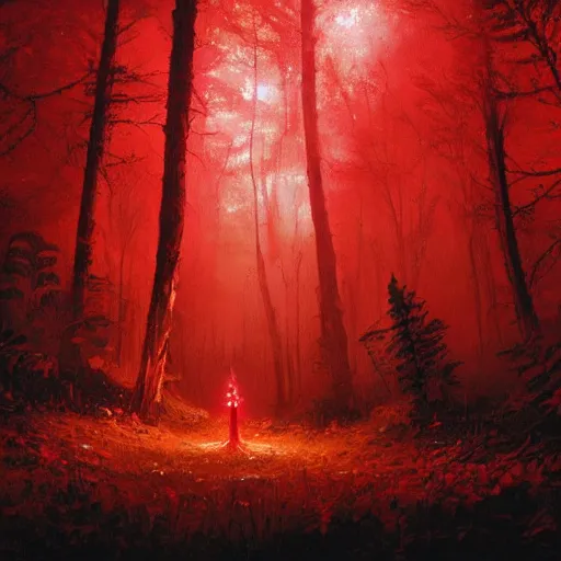 Image similar to A highly detailed oil painting of a blood red, crystal flower glowing bright red in the middle of a dark forest, by Greg Rutkowski.