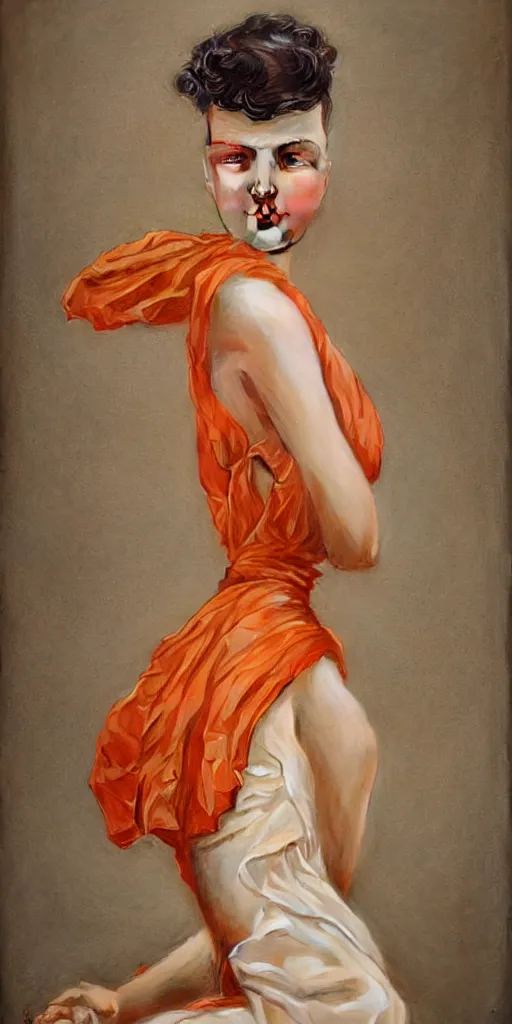 Image similar to a beautiful hyperrealistic portrait pose of a stunning 1950’s model in a cream-and-orange dress looking cheeky, intricate, elegant, highly detailed, smooth, sharp focus, award-winning, masterpiece, in the style of Tom Bagshaw, Cedric Peyravernay, Peter Mohrbacher