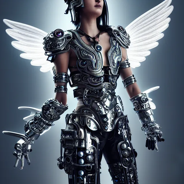 Image similar to beautiful!! futuristic cyberpunk angel warrior with ornate slick pearl armor, highly detailed 8 k hdr smooth sharp focus high resolution award - winning photo photorealistic