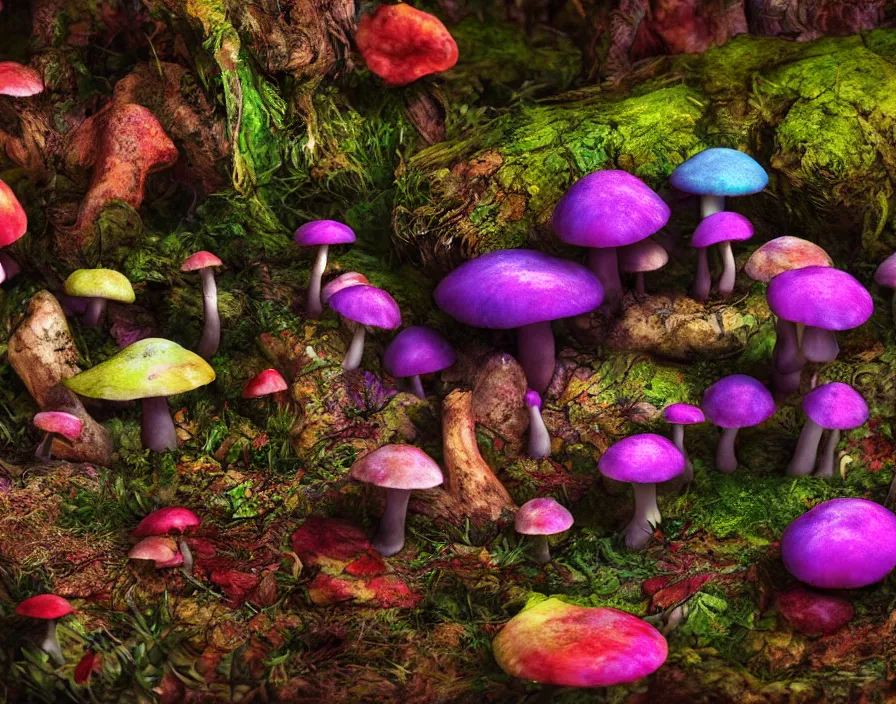 Prompt: trippy eldritch multicolor mushrooms in forest, realistic, beautiful texture, beautiful graphics, fantasy artwork, very beautiful scenery, hd, hdr, ue 5, ue 6, unreal engine 5, cinematic 4 k wallpaper, 8 k, ultra detailed