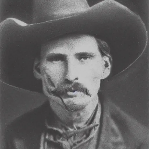 Image similar to A photograph portrait of Jerma985 as a cowboy with a pyramidal mustache in the late 1800s, taken in the late 1800s, 1870s, grainy, taken on a Field View Camera, realistic, hyperrealistic, very realistic, highly detailed, very detailed, extremely detailed, detailed, digital art, trending on artstation