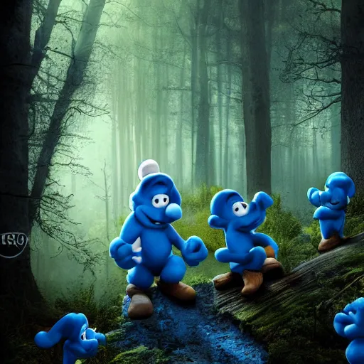 Prompt: demonic smurfs in magical forest, dark atmosphere, high detail, 8 k