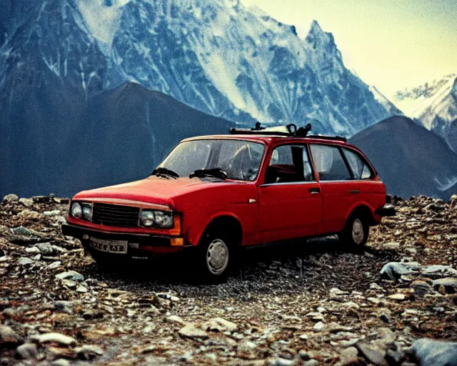 Image similar to a lomographic photo of old lada 2 1 0 7 standing on top of the mount everest, cinestill, bokeh