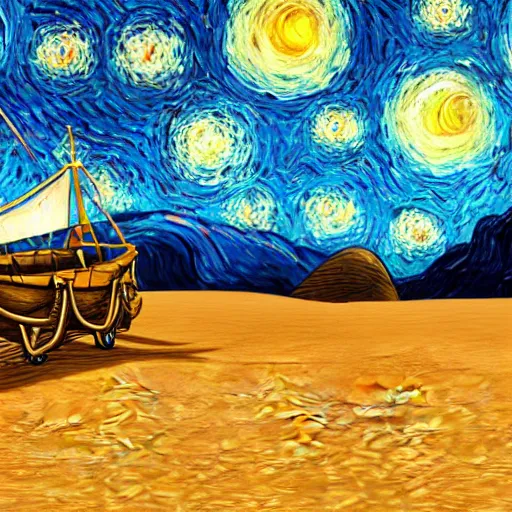 Image similar to 3 d render, skeleton, ship, walking, desert, in the style of van gogh starry night.