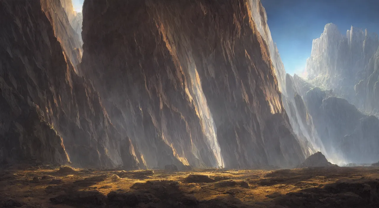 Prompt: ancient geological megastructural pyramid in canyon, tectonic parametrics by syd mead by albert bierstadt, photorealistic, zaha hadid, god rays, volumetric lighting, detailed, extremely intricate, raytrace, octane, light fog, neon