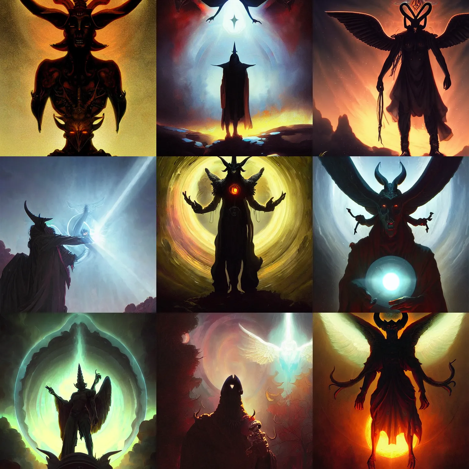 Prompt: lens flare dark silhouetted baphomet overseer of the apocalypse by Gerald Brom Greg Ritkowski Ross Tran Jordan Grimmer Ilya Repin