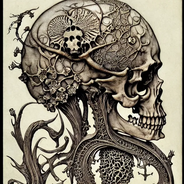 Image similar to memento mori by arthur rackham, art forms of nature by ernst haeckel, exquisitely detailed, art nouveau, gothic, ornately carved beautiful skull dominant, intricately carved antique bone, art nouveau botanicals, ornamental bone carvings, art forms of nature by ernst haeckel, horizontal symmetry, arthur rackham, ernst haeckel, symbolist, visionary