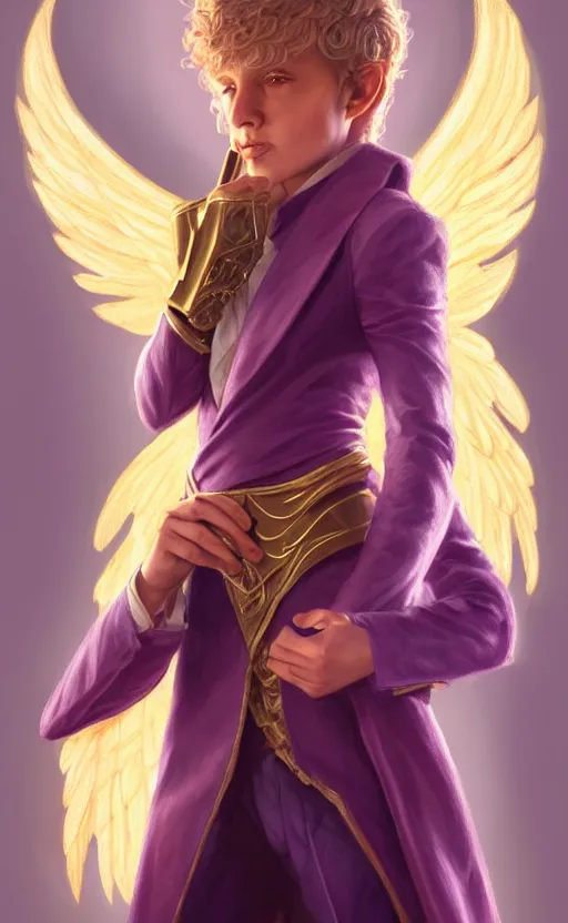 Image similar to a non - binary halfling with cropped hair and golden glowing angel wings, wearing a purple smoking jacket, d & d, fantasy, intricate, elegant, highly detailed, digital painting, artstation, concept art, matte, sharp focus, illustration, art by artgerm and greg rutkowski