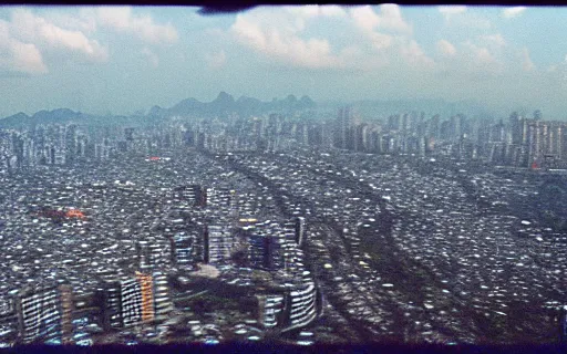 Image similar to A Filipino teenager flying above Metro Manila, 35mm film, ethereal, rule of thirds by Iwai Shunji